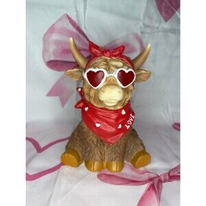 Bella Lux Valentines Highland Cow with Pink Bow and Sunglasses